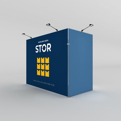 Portable exhibit display and storage room with branded graphics and overhead lighting for trade shows