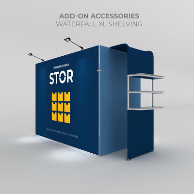 Modular trade show storage and exhibit display unit with triple wall-mounted waterfall shelving