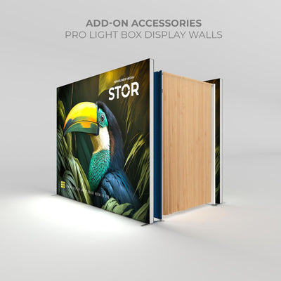 Pro light box display wall with vibrant bird graphic and wood texture panels for trade shows and exhibitions