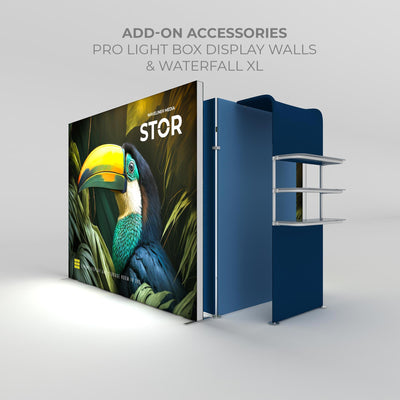 Trade show display with light box walls featuring toucan graphic and shelving for exhibitions