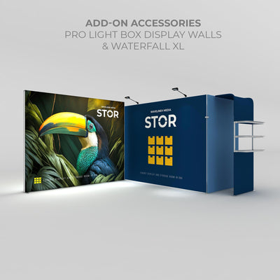 Modular trade show booth setup featuring pro light box display walls and integrated storage unit