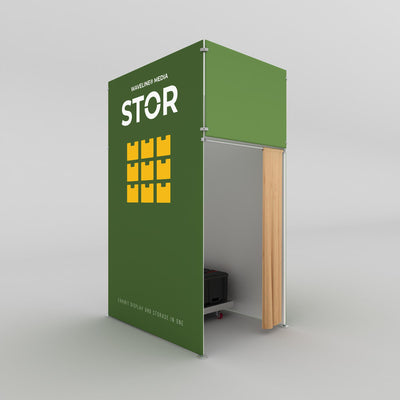 Compact exhibit storage and display unit for trade shows and exhibitions with curtain access