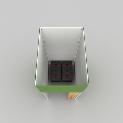 Compact trade show storage unit with secured containers and curtain in exhibition booth setup