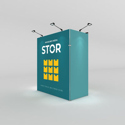 Trade show exhibit display with overhead spotlights and storage solutions for events and exhibitions