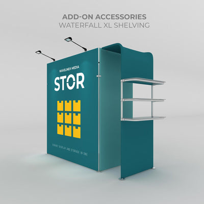Trade show display with add-on Waterfall XL shelving for exhibit storage and product presentation