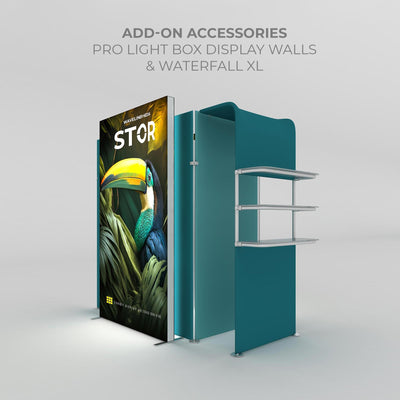 Exhibition display setup with pro light box walls and Waterfall XL shelving for trade shows and events