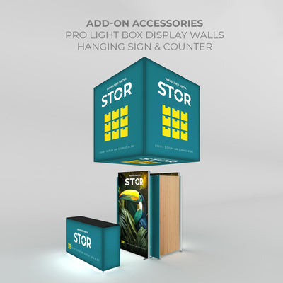 Exhibition booth setup with hanging sign, counter, and pro light box display walls for trade shows