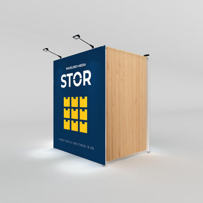 Compact exhibit display and storage unit for trade shows and exhibitions with attached lighting