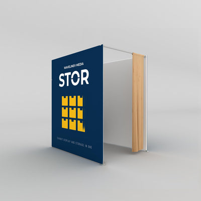 Trade show exhibit display with branded fabric panel and integrated storage for exhibitions and events