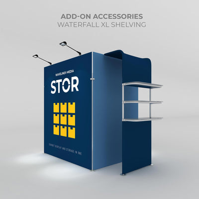 Modular trade show exhibit display with attached shelving for product storage and presentation
