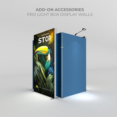 Trade show display wall with pro light box featuring vibrant bird graphic and spotlight accessory