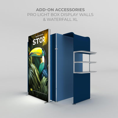 Trade show exhibit display with pro light box walls featuring graphic and attached waterfall XL shelving