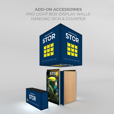Trade show display with pro light box hanging sign, exhibit walls, and counter for event branding
