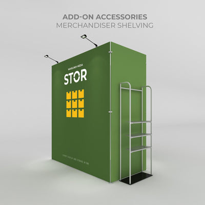 Modular exhibitor display booth with add-on merchandiser shelving for trade shows and exhibitions