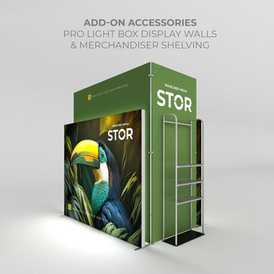 Exhibit display and storage room with pro light box walls and merchandiser shelving for trade shows