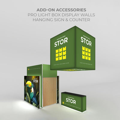 Modular exhibit display with hanging sign and counter for trade shows and exhibitions