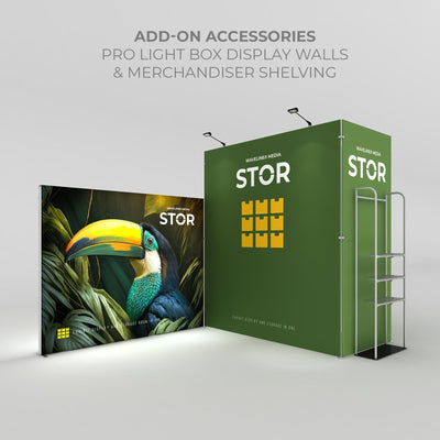 Compact trade show exhibit with pro light box display walls and merchandiser shelving for events