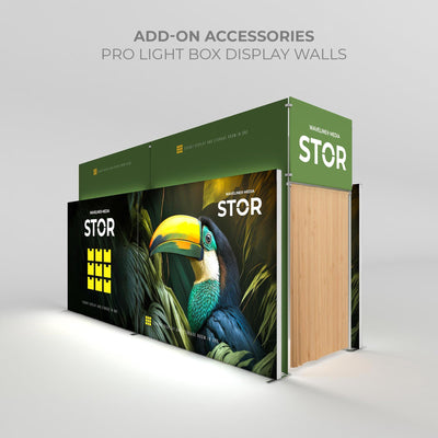 Trade show exhibit storage room with pro light box display walls featuring vivid toucan graphic