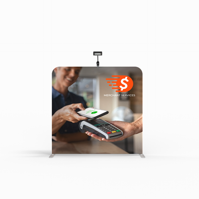 Trade show backdrop showing contactless mobile payment with payment terminal and merchant services logo
