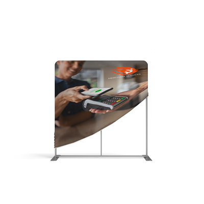 Trade show fabric display featuring contactless payment with smartphone and card reader