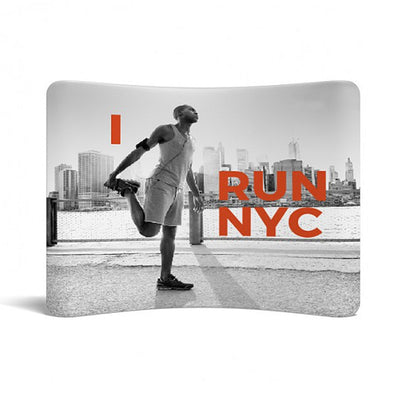 Curved trade show display featuring runner stretching with city skyline backdrop promoting running events