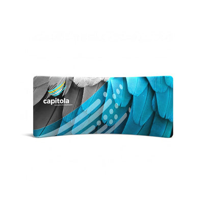 Curved fabric trade show display with feather graphic and Capitola branding for exhibitions and events