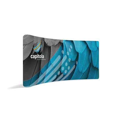 Curved fabric display stand with feather pattern, ideal for trade shows, exhibitions, and events