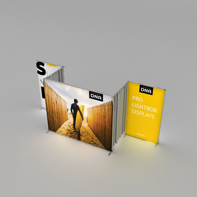 Trade show lightbox displays featuring large imagery and promotional text for exhibitions and special events