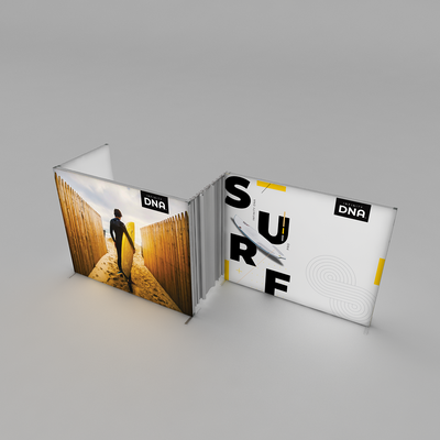 Trade show display booth featuring surf-themed graphics and promotional branding panels