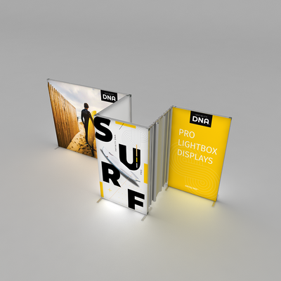 Infinity DNA pro lightbox displays arranged for trade show and exhibition branding and advertising